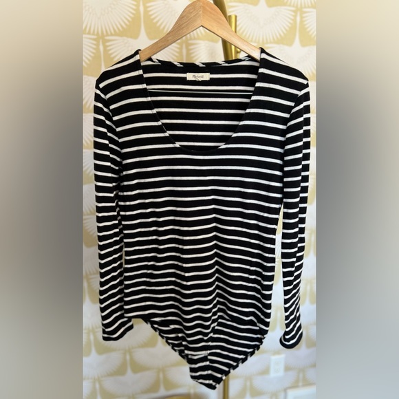 Madewell Tops - MADEWELL STRIPED LONG SLEEVE SOFT BLACK SONG SCOOP BODYSUIT Sz XL
